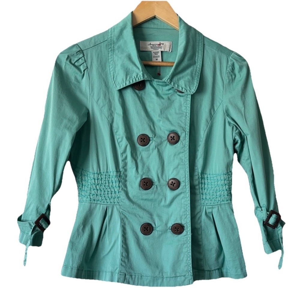 American Rag Double Breasted Teal Jacket Blazer Stitched Peplum Waist Women's M‎